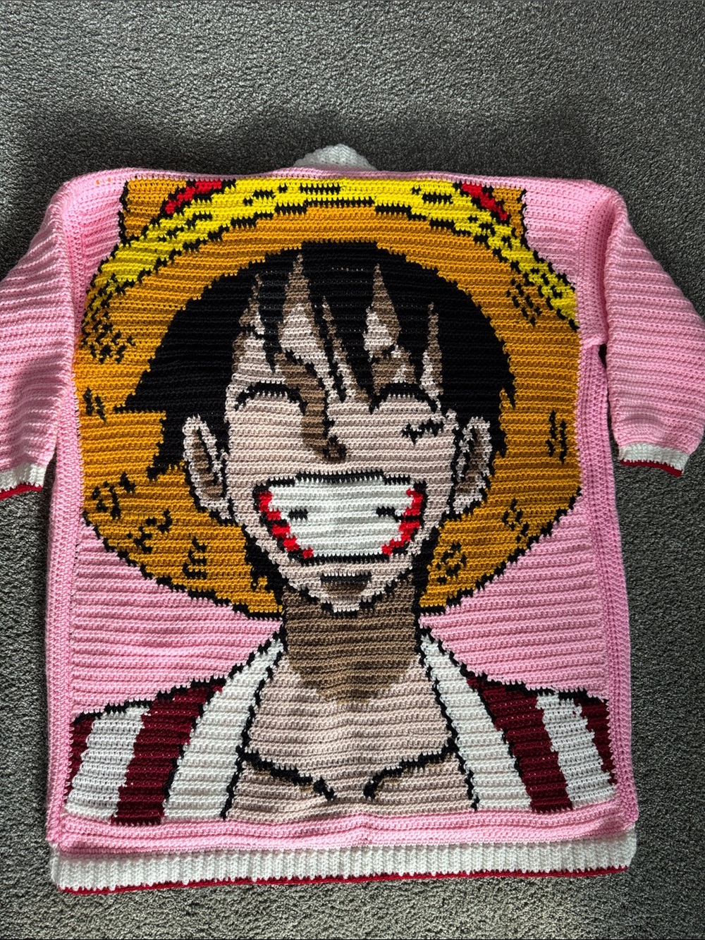 Pink Graphic Crochet Sweater Cardigan with Straw Hat Character